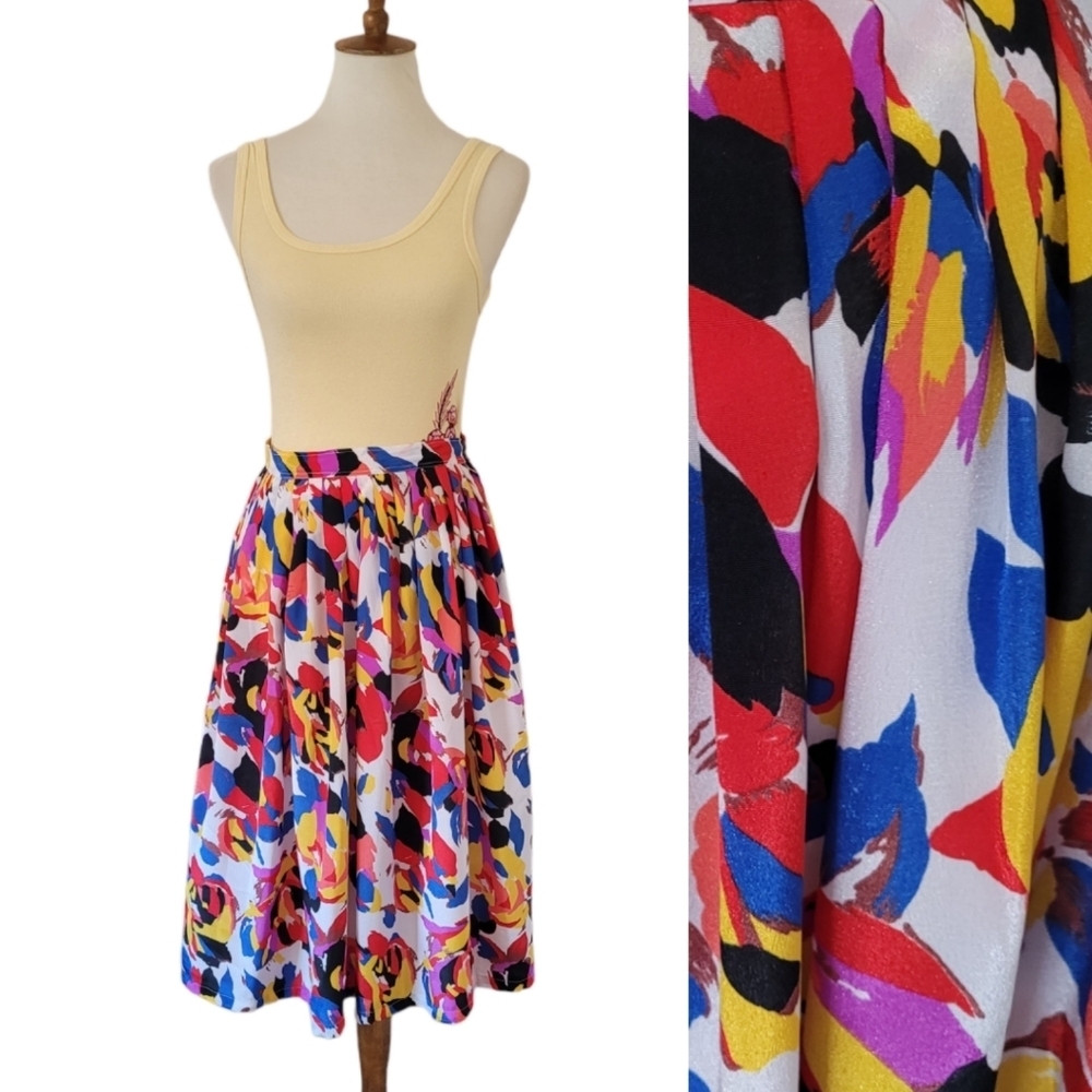Vintage Handmade Multi-color Pleated Waist Midi Skirt